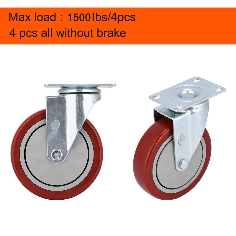 YOOGAA 5" Heavy Duty Caster Swivel Caster Wheels No Noise 360 Degree Rotation Plate Caster with Screw Total Capacity 1500lbs Set of 4 Without Brake - Image 5
